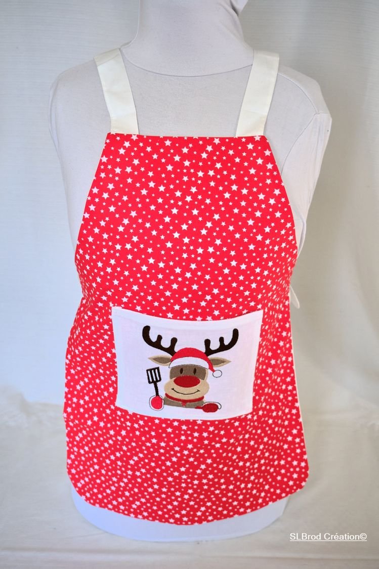 Red reindeer embroidered apron