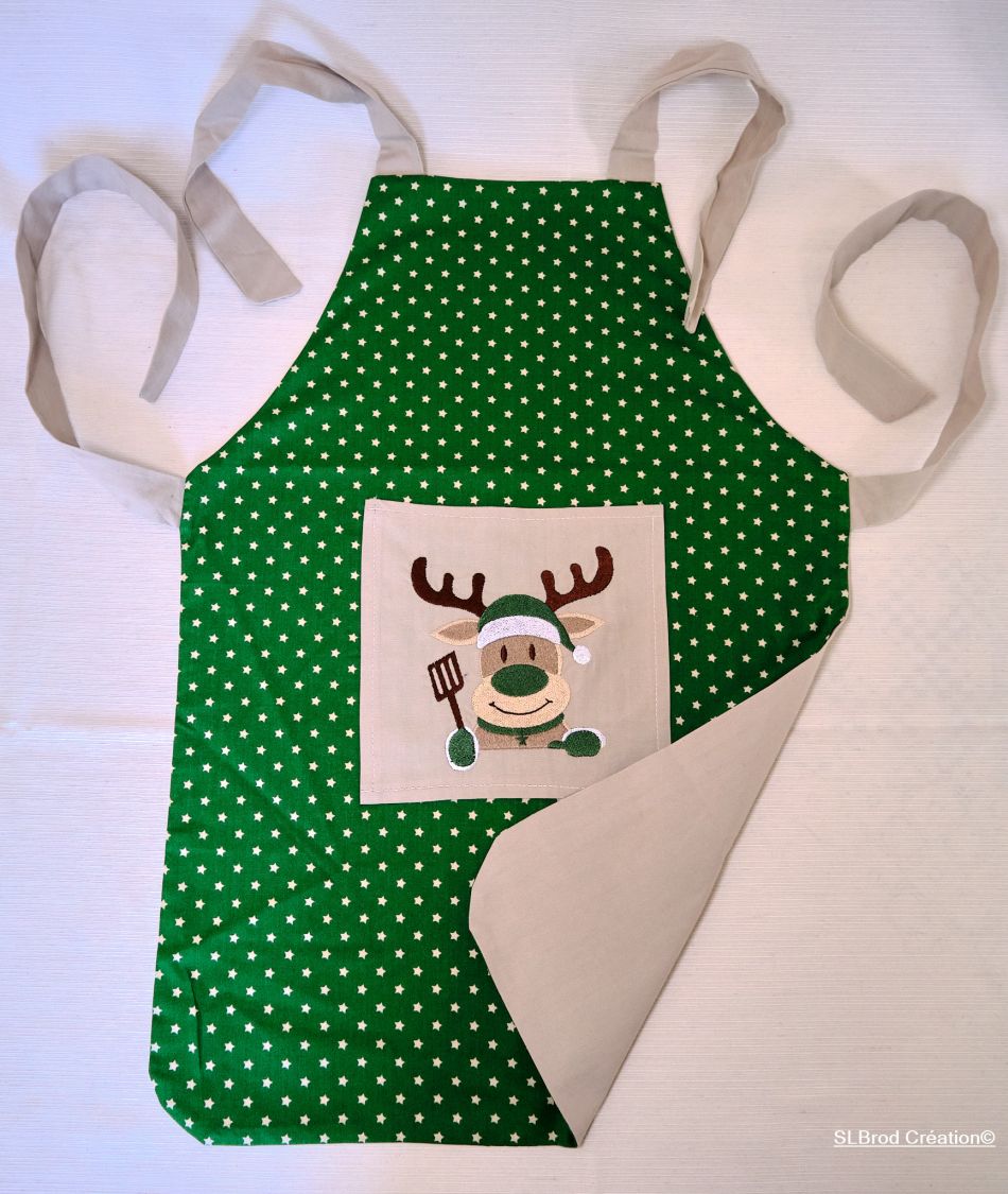 Green reindeer embroidered apron