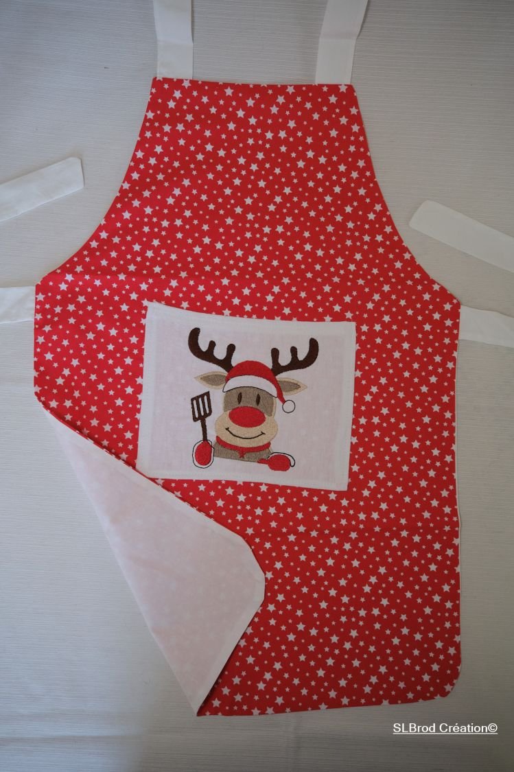 Red reindeer embroidered apron