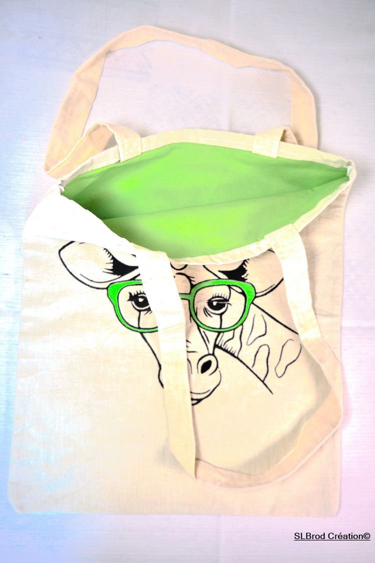 Embroidered Tote Bag giraffe green glasses customizable