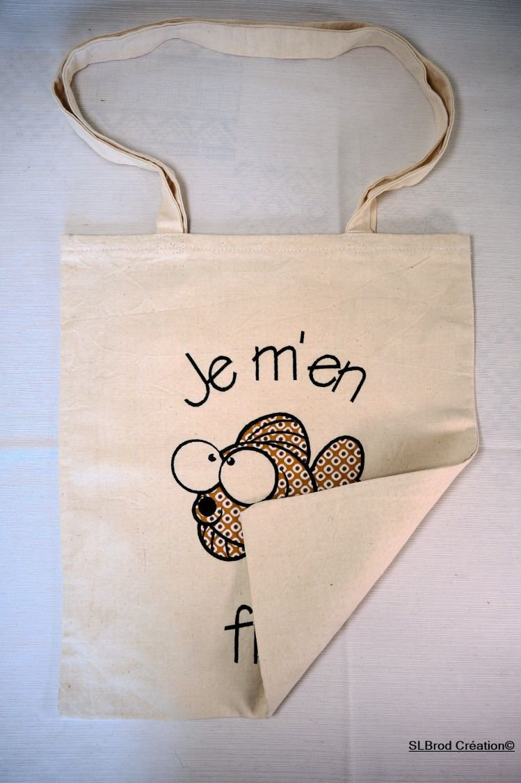 Brown embroidered fish tote bag