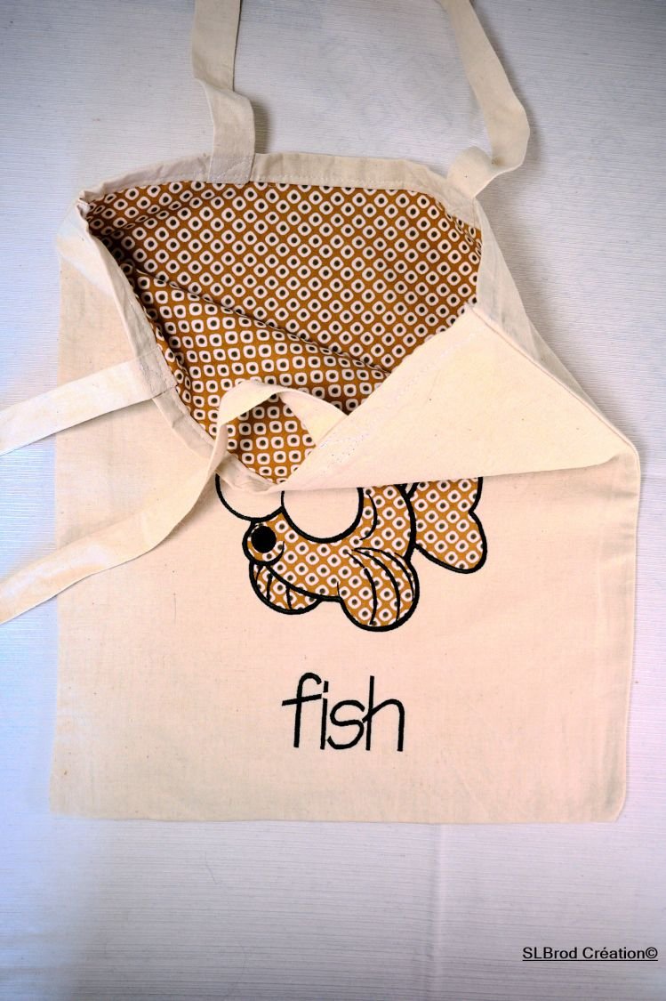 Brown embroidered fish tote bag