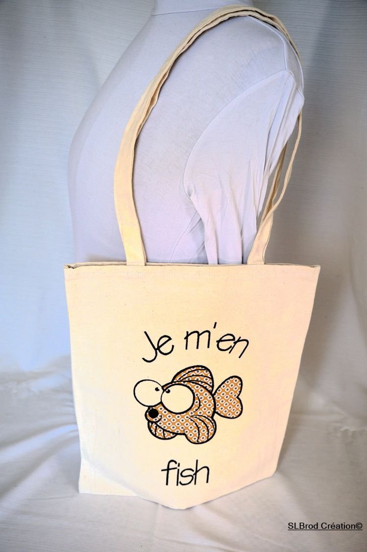 Brown embroidered fish tote bag