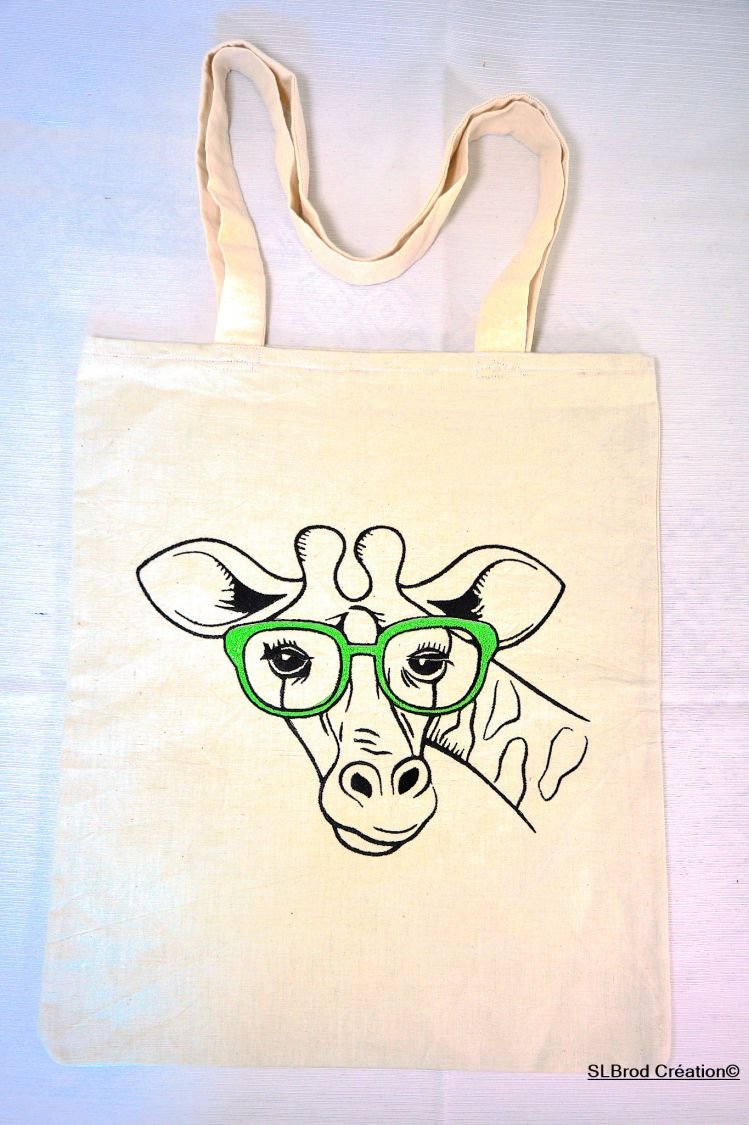 Embroidered Tote Bag giraffe green glasses customizable